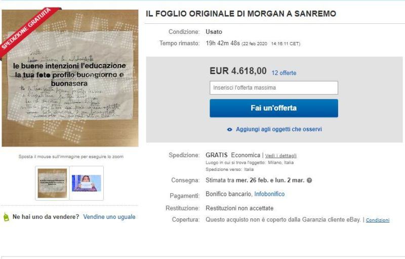 Morgan mette all'asta il foglio con il testo modificato del brano di Sanremo